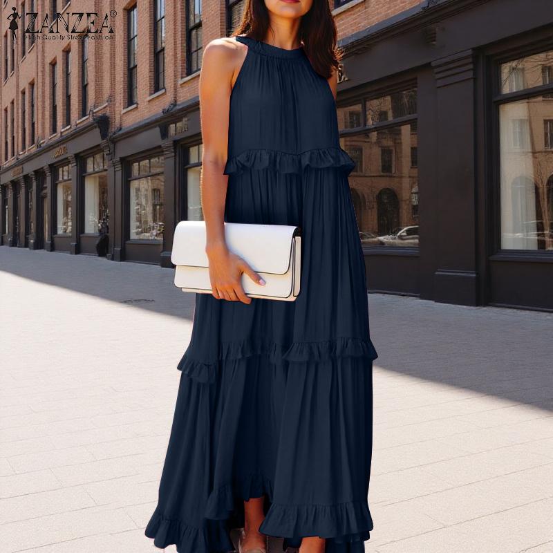 ZANZEA Womens Summer Round Neck Off Shoulder Sleeveless Long Dress