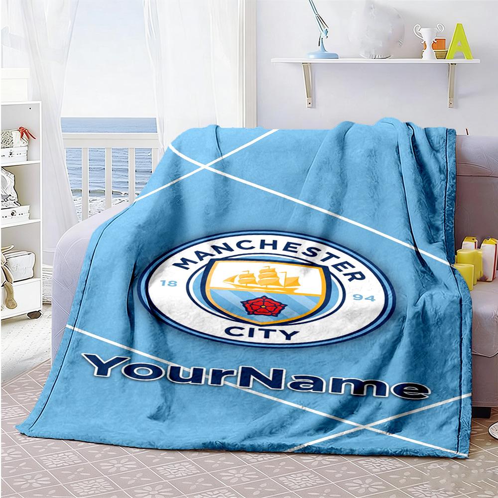 Manchester City Customize Text Blanket Multi-purpose Personalized Blanket Soft & Cozy Perfect for Nap Livingroom Living Room Office Chair