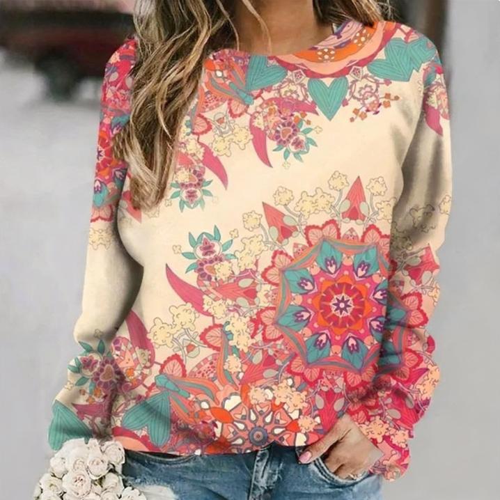 

Винтажные женские футболки с геометрическим принтом, красочные футболки в этническом стиле с цветами, с длинным рукавом, осенний повседневный топ S