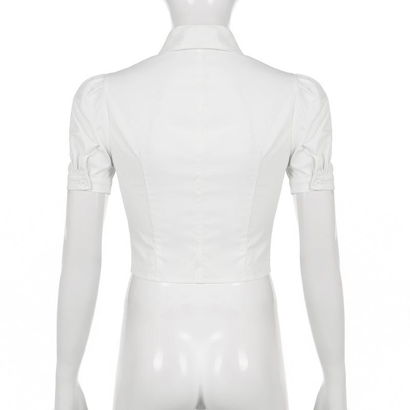 Retro College Style Striped Tie Turn-Down Collar Slim Short Sleeve White Shirt Women's Summer Short Top