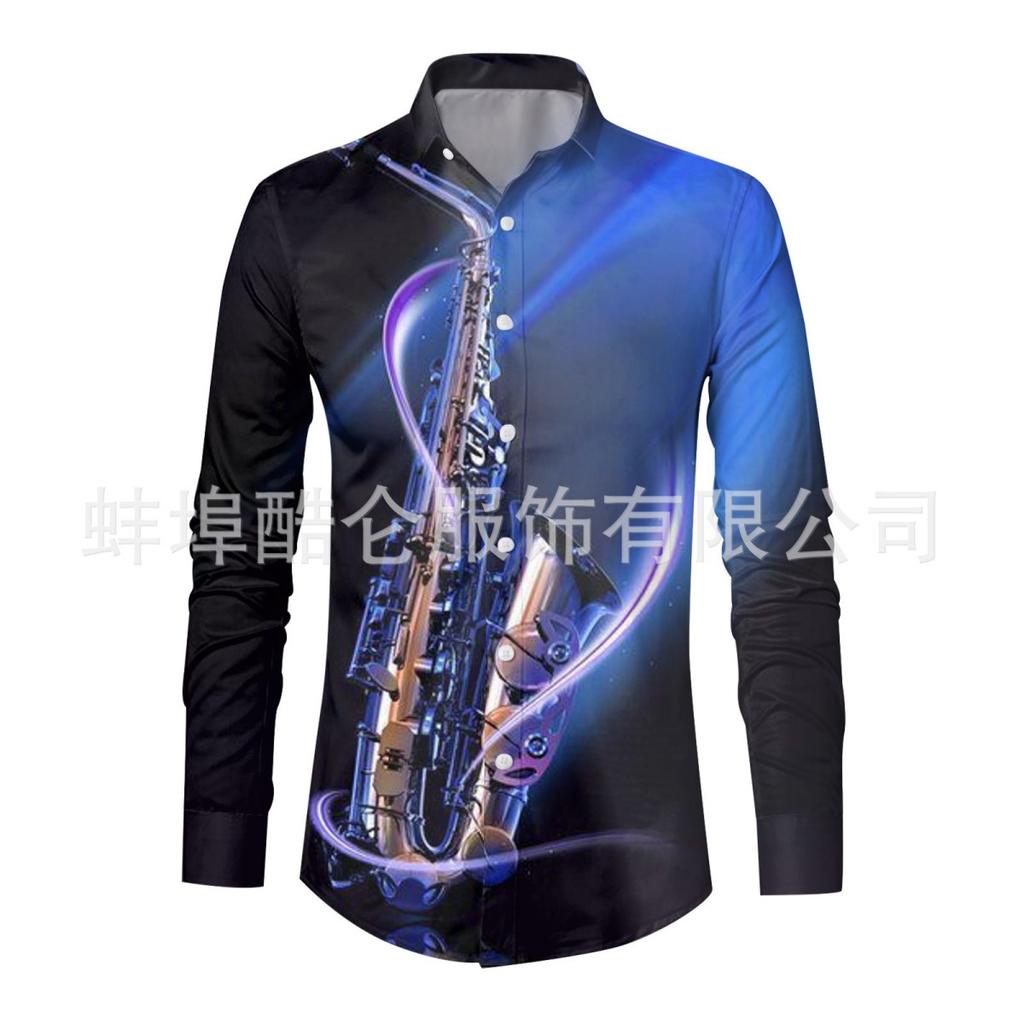 Stylish Long Sleeve Shirt with Saxophone Print, Ideal for Music Lovers
