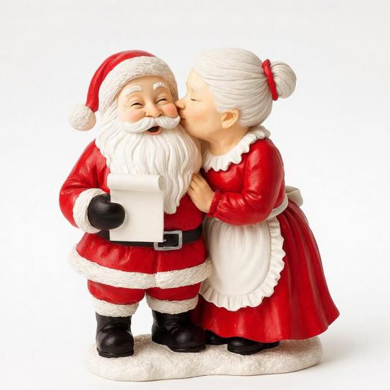 Mr. And Mrs. Santa Claus Figurine Hand-Painted Christmas Resin Ornament Couple Gingerbread Man Elk Statue for Holiday Table Mantel Decor