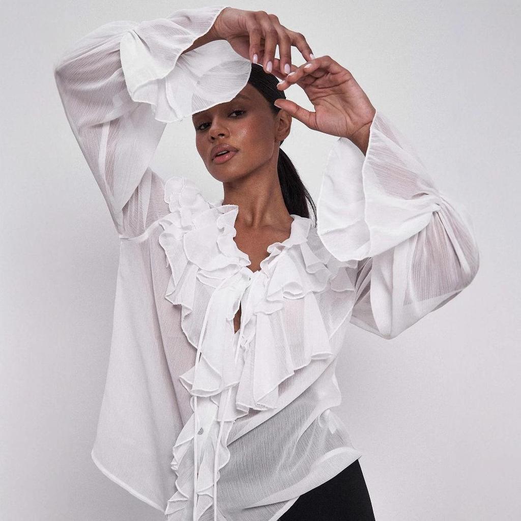 Stylish European & American Tie-Up Puff Sleeve Ruffle V-Neck Blouse - Solid Color Women's Spring Top