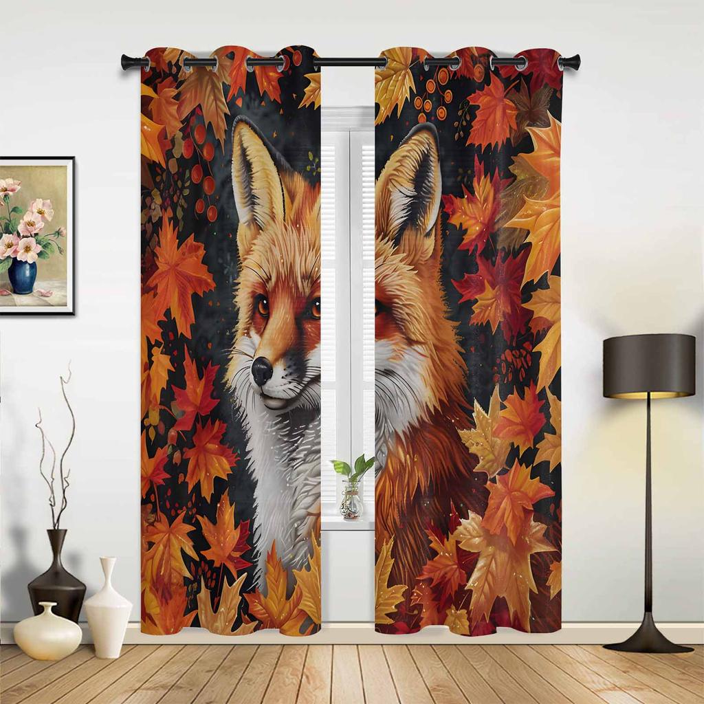 Autumn Leaf Cartoon Animal Fox Curtains Bedroom Living Room Drapes Kitchen Children Window Curtain Home Decor Modern Polyester Washable Area Ready