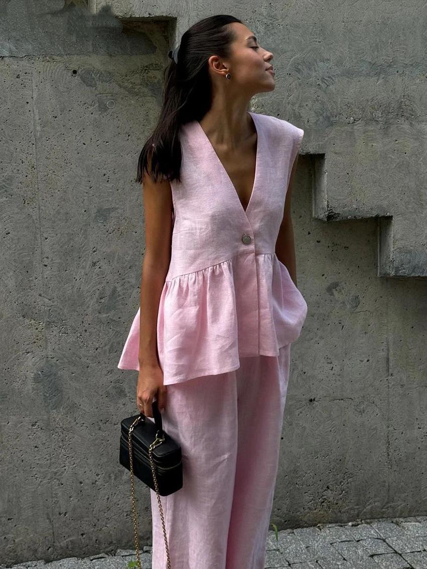 

2025 Women s Solid Color Cotton V-neck Sleeveless Top & Long Pants Two-Piece Set – European and American Style Small рожевий