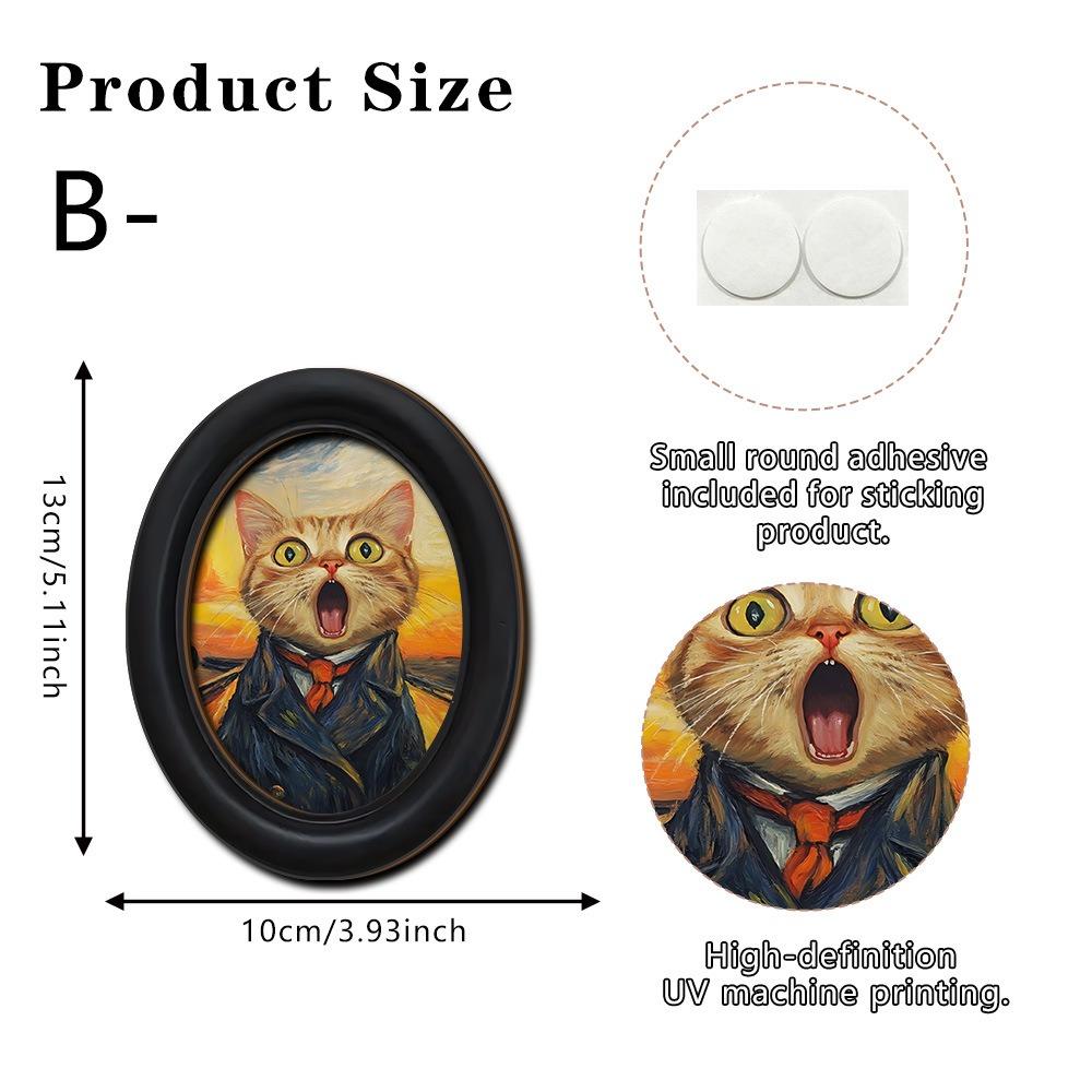 Durable 2D Abstract Wall Art Wooden Black Frame Wall Decor Oval Shaped Adhesive Mounting Cat Portrait Decor Living Room