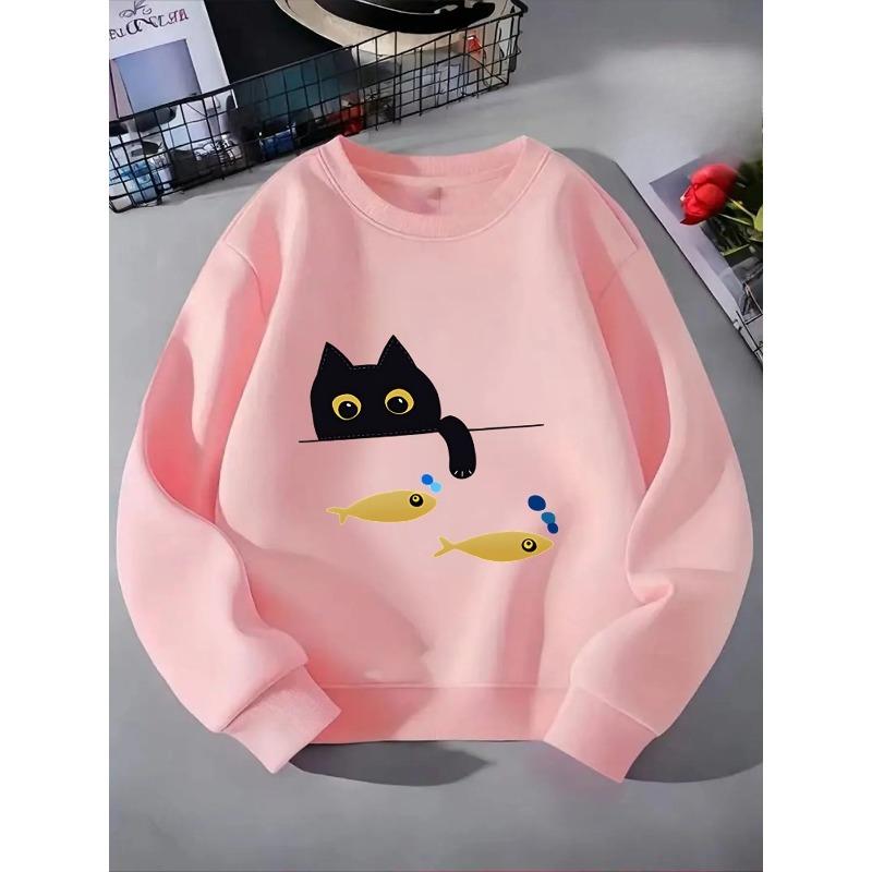 Girls' Crewneck Sweatshirt - Black Cat Yellow Fish Red Background Machine Washable, Spring And Autumn, Sportswear And Casual Wear