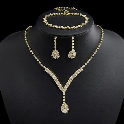 Bridal Accessories Fashion Full Diamond V-Neck Water Drop Necklace Earrings Bracelet Set, Rhinestone Earrings Accessories