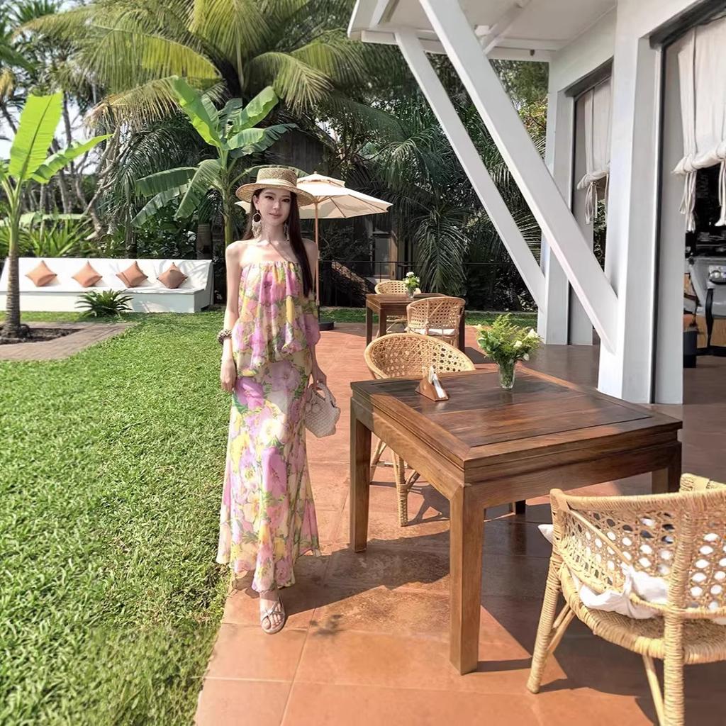 Beautiful Retro Floral Tube Top Dress for Women's Summer Seaside Vacation, Thin Off-the-shoulder Long Dress, Island Beach Dress