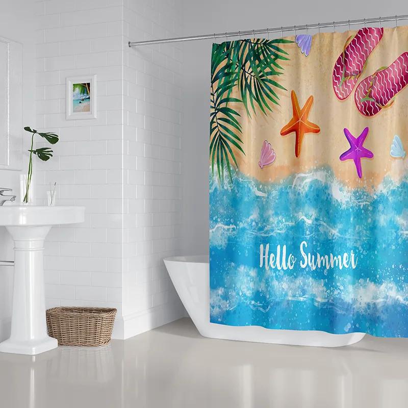 2022 New Shower Curtain Starfish Beach Pattern Bathroom Partition Waterproof  Coconut Sea View Polyester