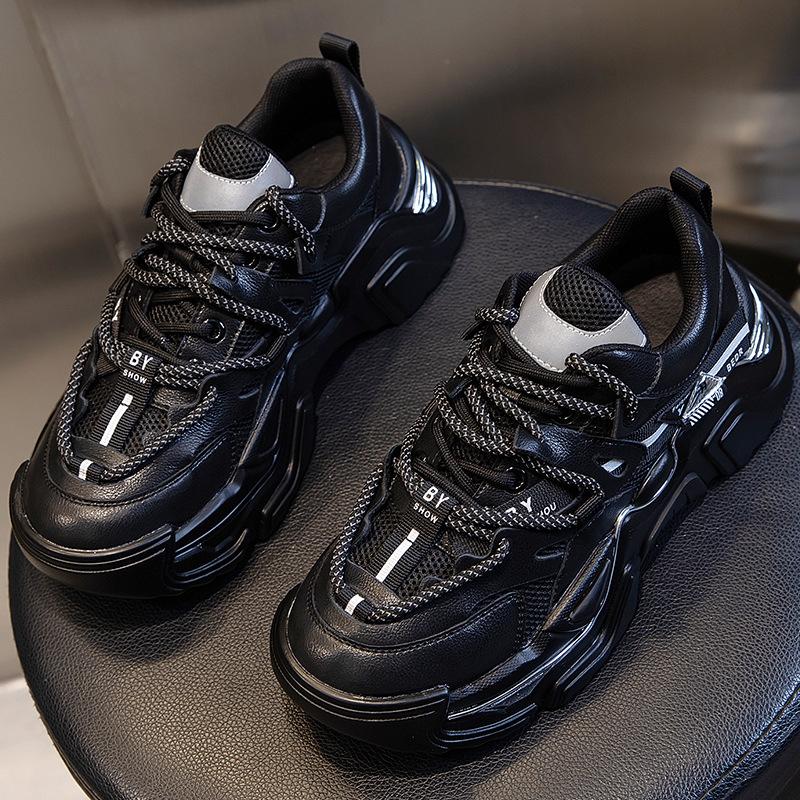 

Обувь Daddy женская весна 2025 новые туфли женская платформа увеличивающая повседневная женская обувь для бега универсальные кожаные кроссовки 40 чёрный