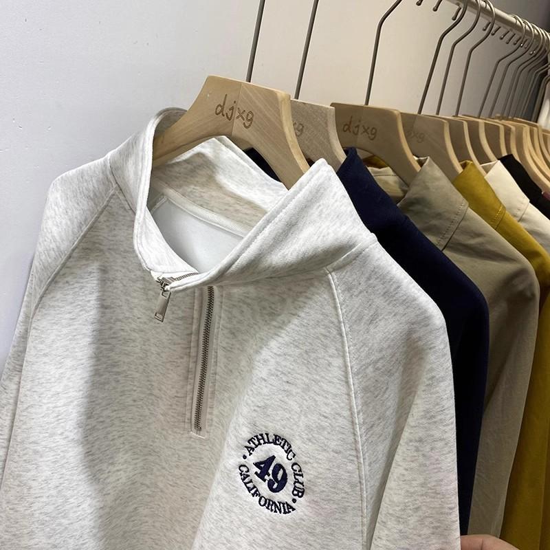 Womens POLO Collar Hoodie Loose Fit Lightweight Korean Style Embroidered Half-Zip Cotton Sweatshirt