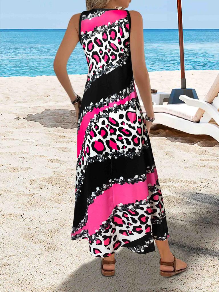 Damen Lässiges Maxikleid Ärmellos Batik-Spaghetti-Träger Sommer Übergröße Schwingendes Sommerkleid mit Taschen