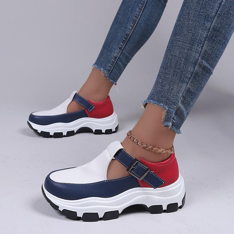 Women's Platform Plus Size Sneakers Women's Belt Buckle Cutout Color-Block Casual Women's Single Shoes