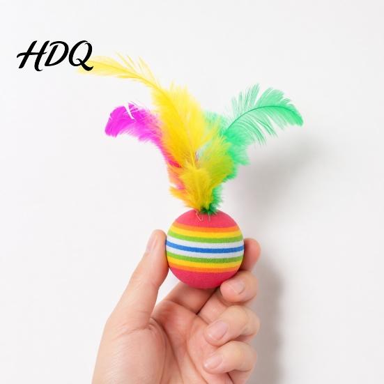 Soft Cat Ball Colorful Striped Ball Foam with Feathers Quiet Toy Feather