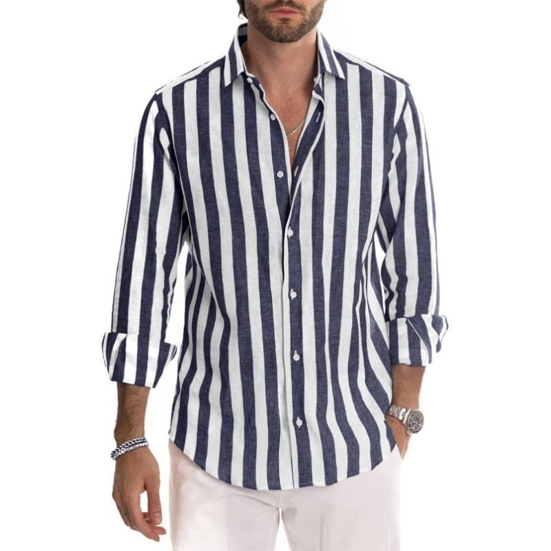Men's Striped Linen Button-Down Shirt Long Sleeve Casual Breathable Top