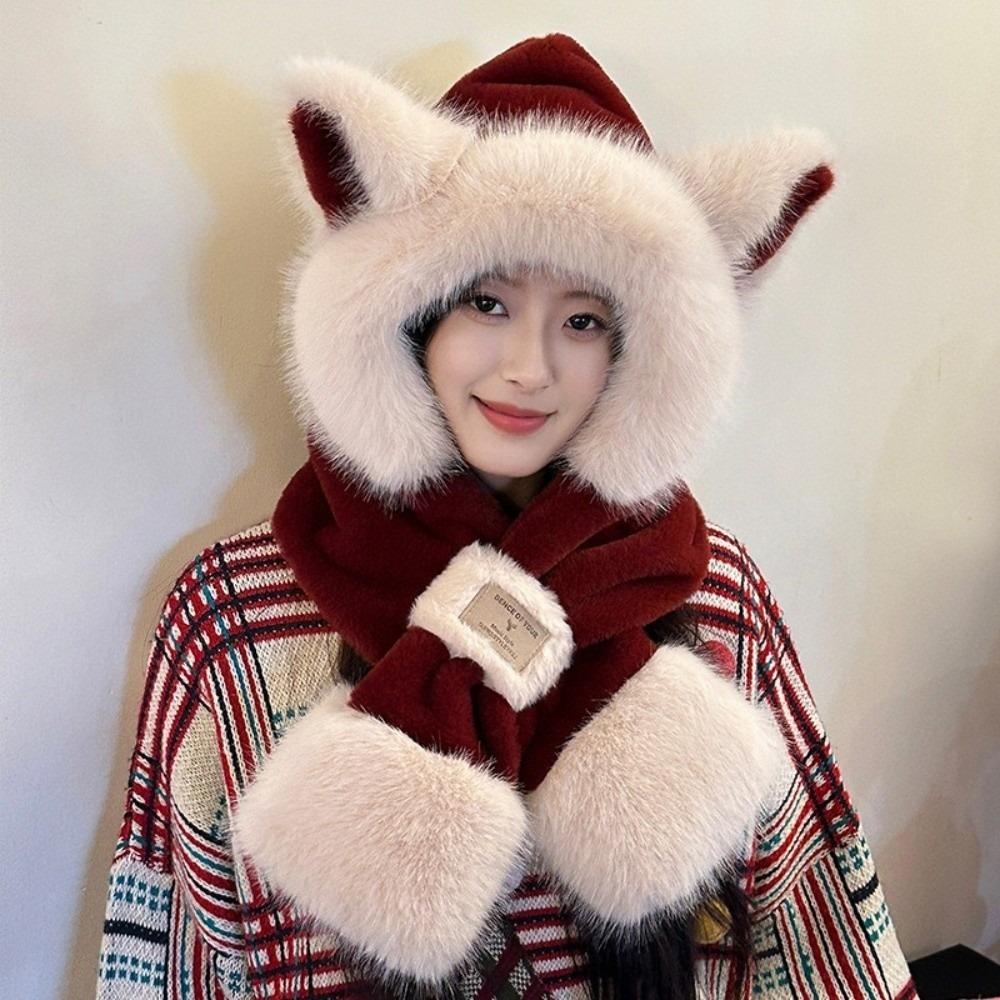 Two-Piece Set Plush Bear Hat Scarf Thickened Neck Warmer Hat Cute Ear Protection Hooded  Winter