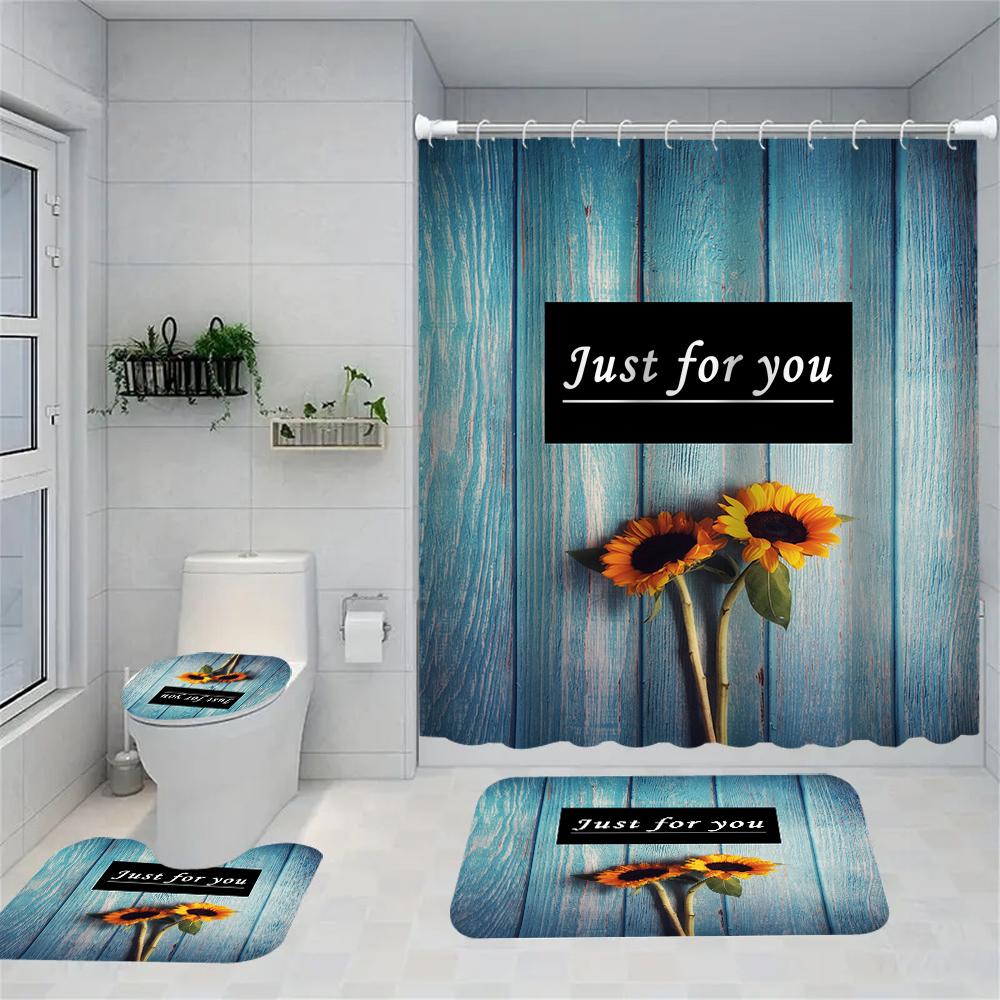 1/4 Wooden Sunflower Shower Curtains, Toilet Seat Decoration, Shower Curtain With Carpet And Toilet Lid, 12 70.8X70.8 Inch Hooks