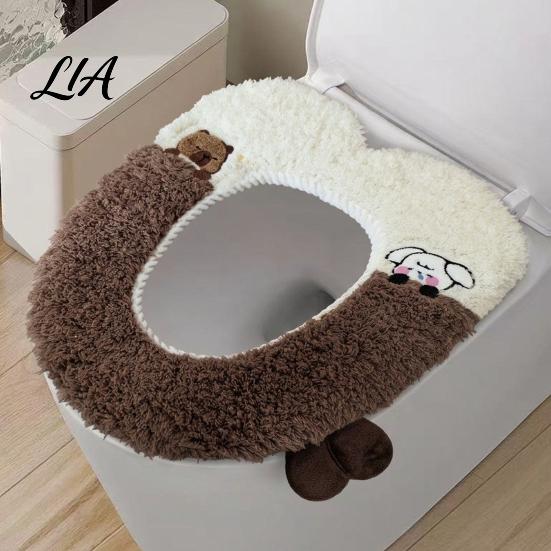Zippered Bathroom Seat Pad Soft Plush Toilet Cover, Cartoon Warmer with Zipper Closure, Thickened Non Slip Lid Cover Cushion for Winter, Washable
