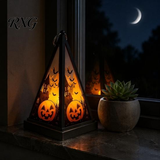 Retro Triangular Wind Lantern Halloween Vintage LED Candle, Spooky Pumpkin Witch Tabletop Decor with Castle Metal Hanger, Electronic Tealight