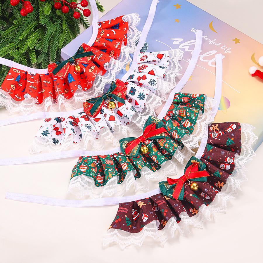 Christmas Pet Lace Scarf Dog Bib Saliva Towel Cat Collar Bow Bell Kitten Puppy Scarf