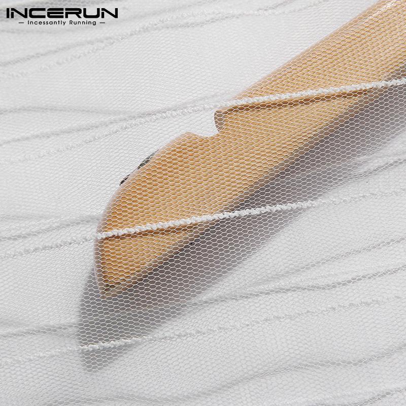 INCERUN 2PCS Summer Mens Fashion Sheer Mesh Long Sleeve Shirts & Long Pants Sets Slim Fit Party Loungewear S-5XL