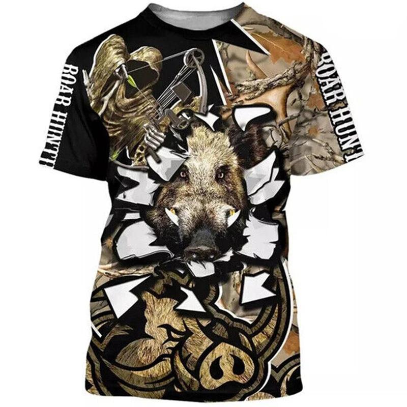 Wild Boar Hunting Themed Jungle Scenery 3D Print Short Sleeve T-Shirt Casual Outdoor Top
