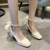 Podzimní Nové Boty na Hrubém Podpatku Dámské Čtvercová Špička Mělký Výstřih Motýlková Mašle Protiskluzové Odolné proti Opotřebení Nízké Boty