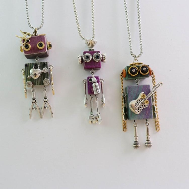 DIY Wooden Robot Pendant Necklace Unisex Clavicle Chain Punk Chokers for Women