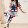 Women Plus Size White Red Blue Printed Round Neck Short Sleeve Longline Top Fitted Pants Two Piece Set