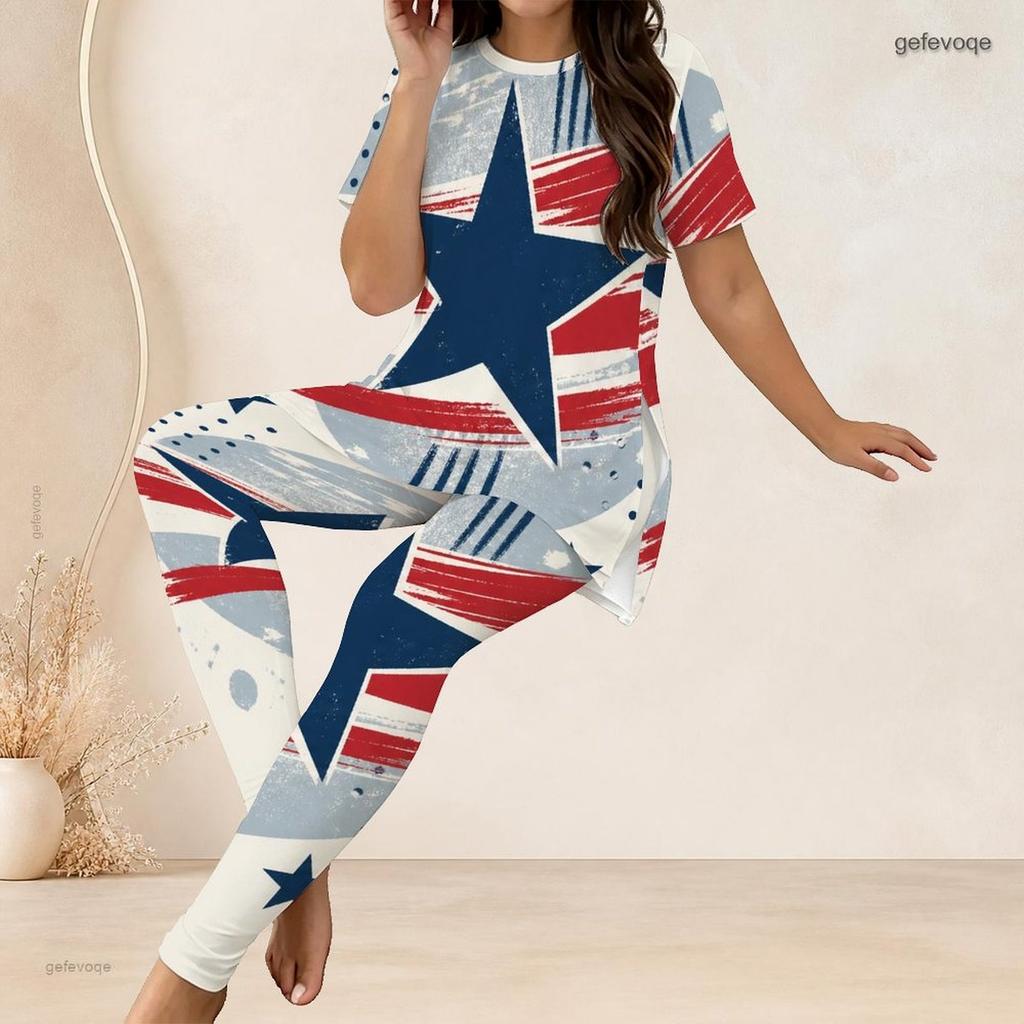 Women Plus Size White Red Blue Printed Round Neck Short Sleeve Longline Top Fitted Pants Two Piece Set