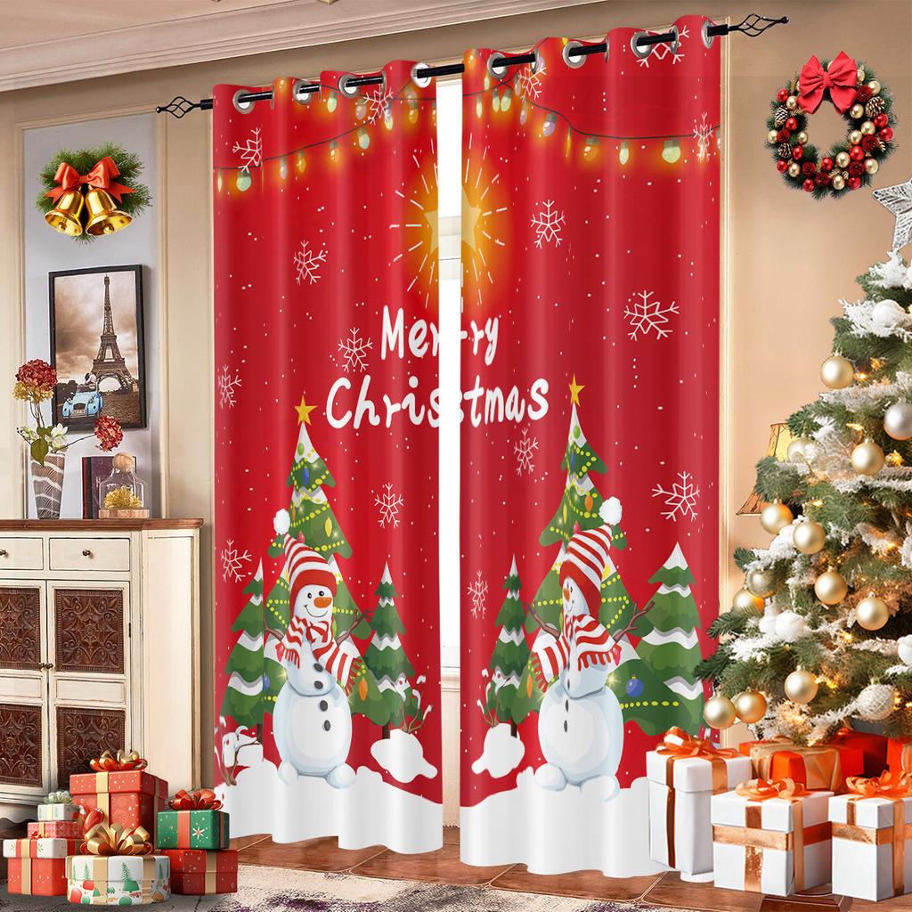 Set Of 2 Merry Christmas Snowman Print Red Curtains Multiple Sizes Living Room Insulation Easy Install Curtain Darkening Polyester Machine Washable