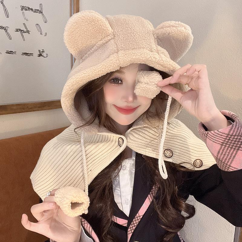 Women's Winter Warm Wool Hat Scarf Integrated Bear Ear Protection Knit Hat Women
