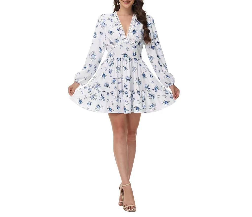 2025 Spring Sweet Print V-neck Lace Short Dress for Women