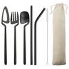 Black Portable Dinnerware Set Knife Fork Spoon Straw Set 304 Stainless Steel Travel Camping Dinnerware Set With Storage Bag