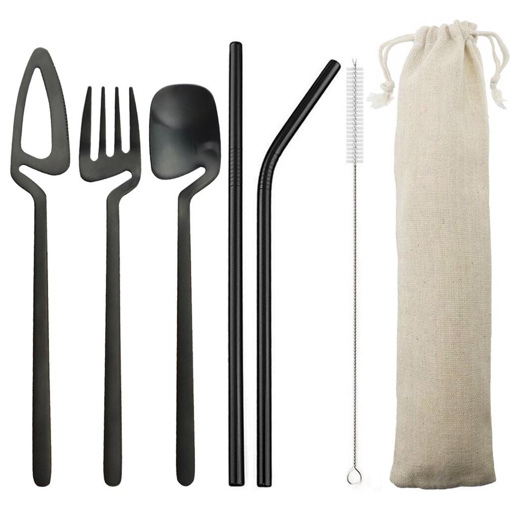Black Portable Dinnerware Set Knife Fork Spoon Straw Set 304 Stainless Steel Travel Camping Dinnerware Set With Storage Bag