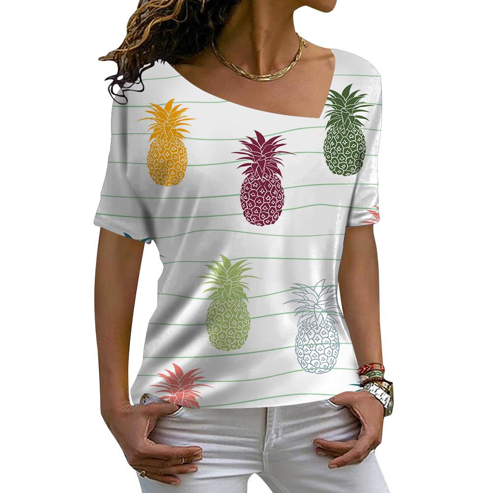 V-Ausschnitt Diagonalkragen Damen Kurzarm Mode Lässig Locker Pullover T-Shirts Sommer 3D Floral Bedrucktes T-Shirt Für Damen