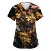 Women's V-Neck Short Sleeve Scrub Top with Pockets, Fall Leaves Print, Work Uniform