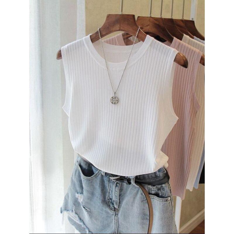 High-end knitted sweater sleeveless T-shirt women's summer slim-fitting and thin celebrity temperament versatile top trend