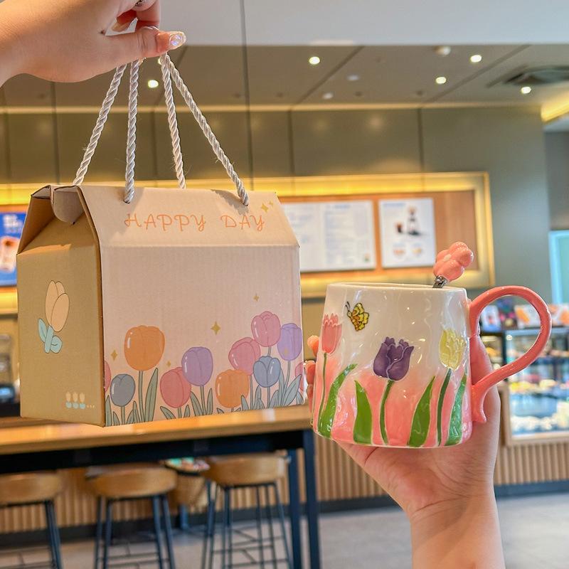 Birthday Gift for Girls, Hand-painted Tulips, Ceramic Mugs, Girlfriends' Practical Cups, Souvenir Gift Box.