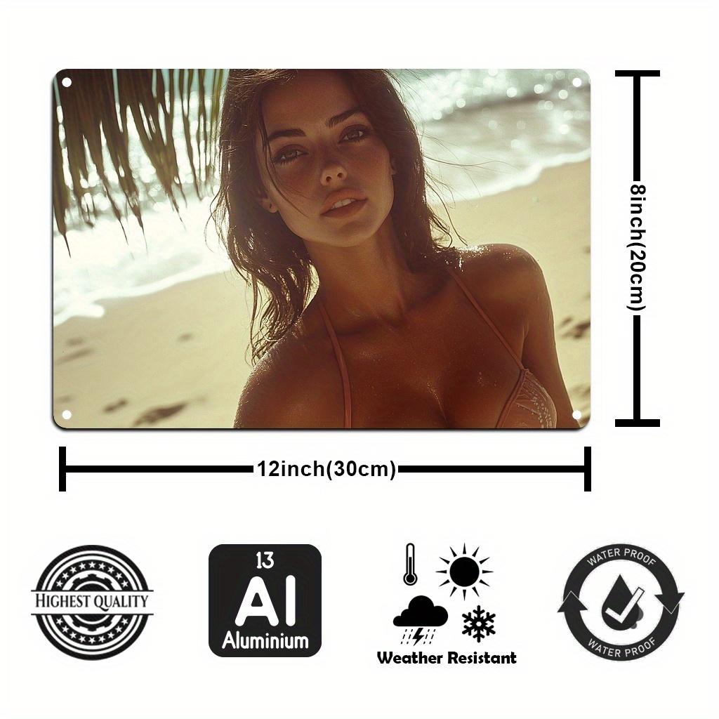 PC Gold Palm Tree Retro Bikini Woman Beach Wallpaper Vintage Metal Sign for Home Decor Bedroom
