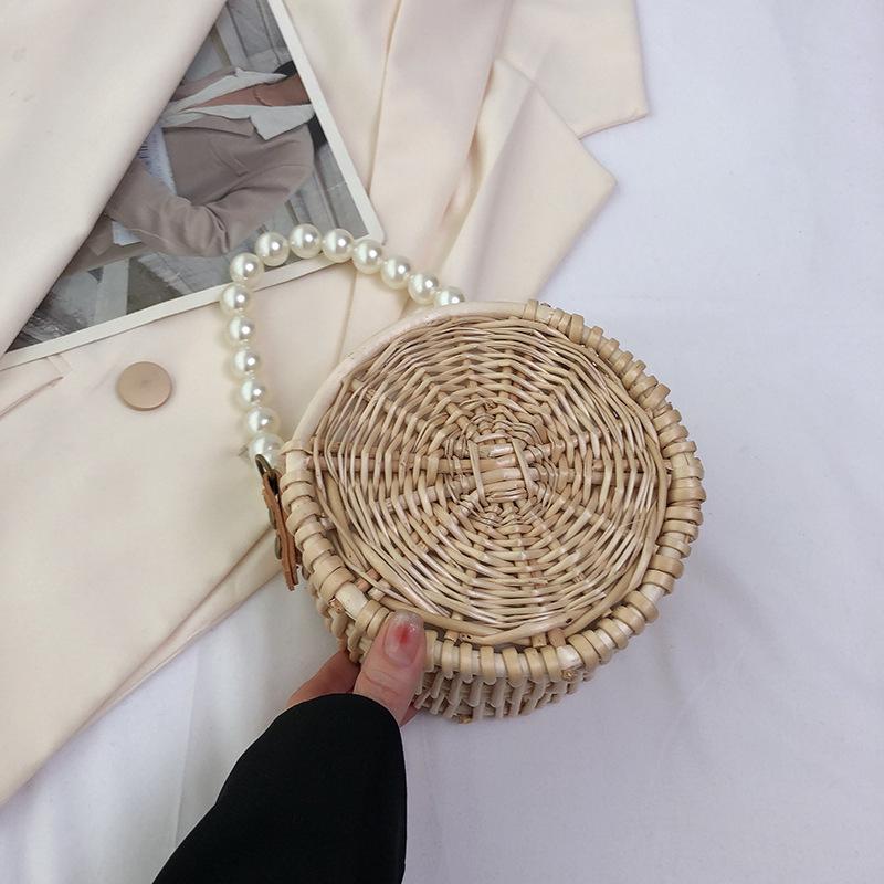 Rattan Bag Female Summer Straw Bag Cute Pearl Chain Shoulder Bag Braided Small Round Bag