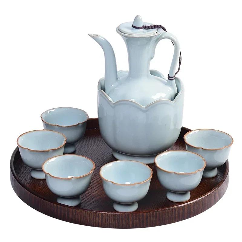 Chinese liquor glass set household spirit glass wine set ceramic jug Qingru kiln wine glass warm jug