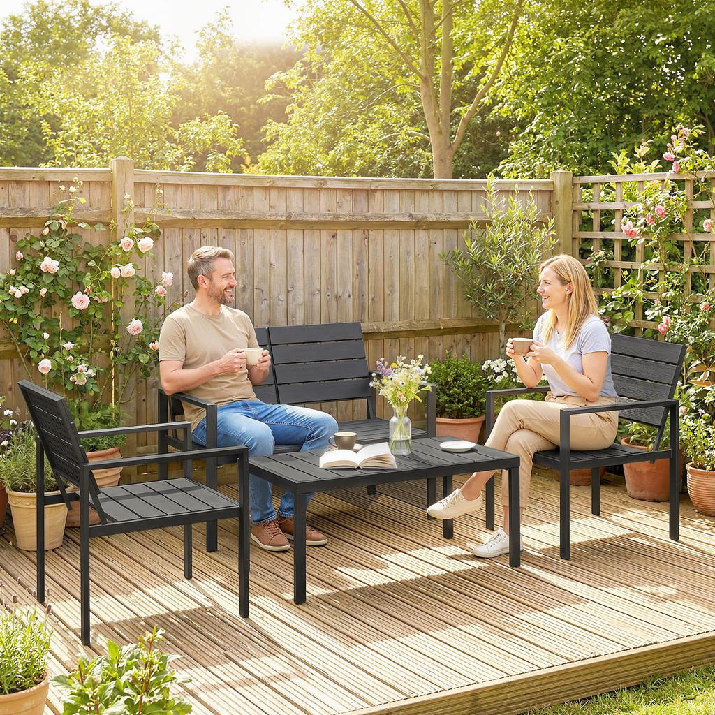 4 Piece Garden Furniture Set, Outdoor Sofa Set with HDPE Slatted Loveseat Armchairs Coffee Table Metal Frame, Black