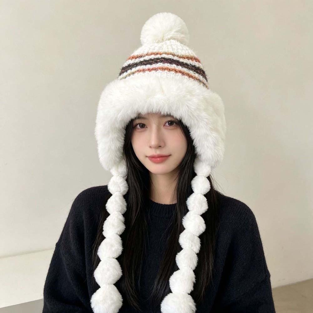 Fur Brim Pompom Braids Hat Striped Knit Earflap Winter Cap Fleece Knit Beanie Teens