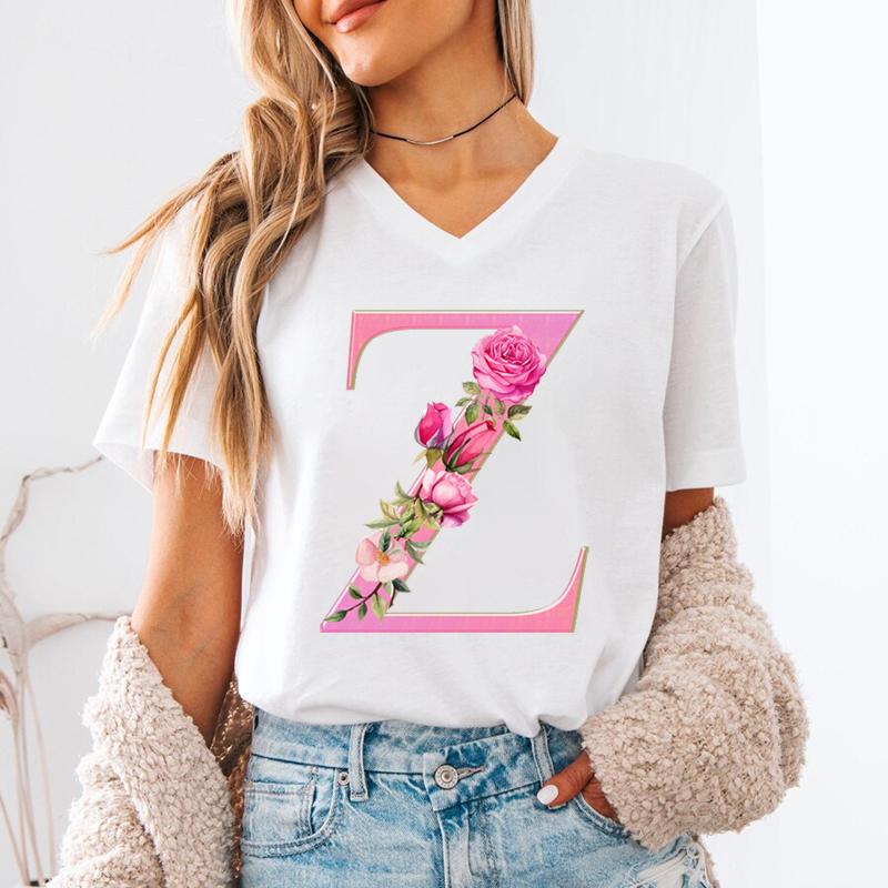 Floral Initials Unisexs Vneck Tshirt Az 26 Alphabet Fashion Casual Tops Pink Flower Short Sleeve Tee Letter S Floral Gift Top