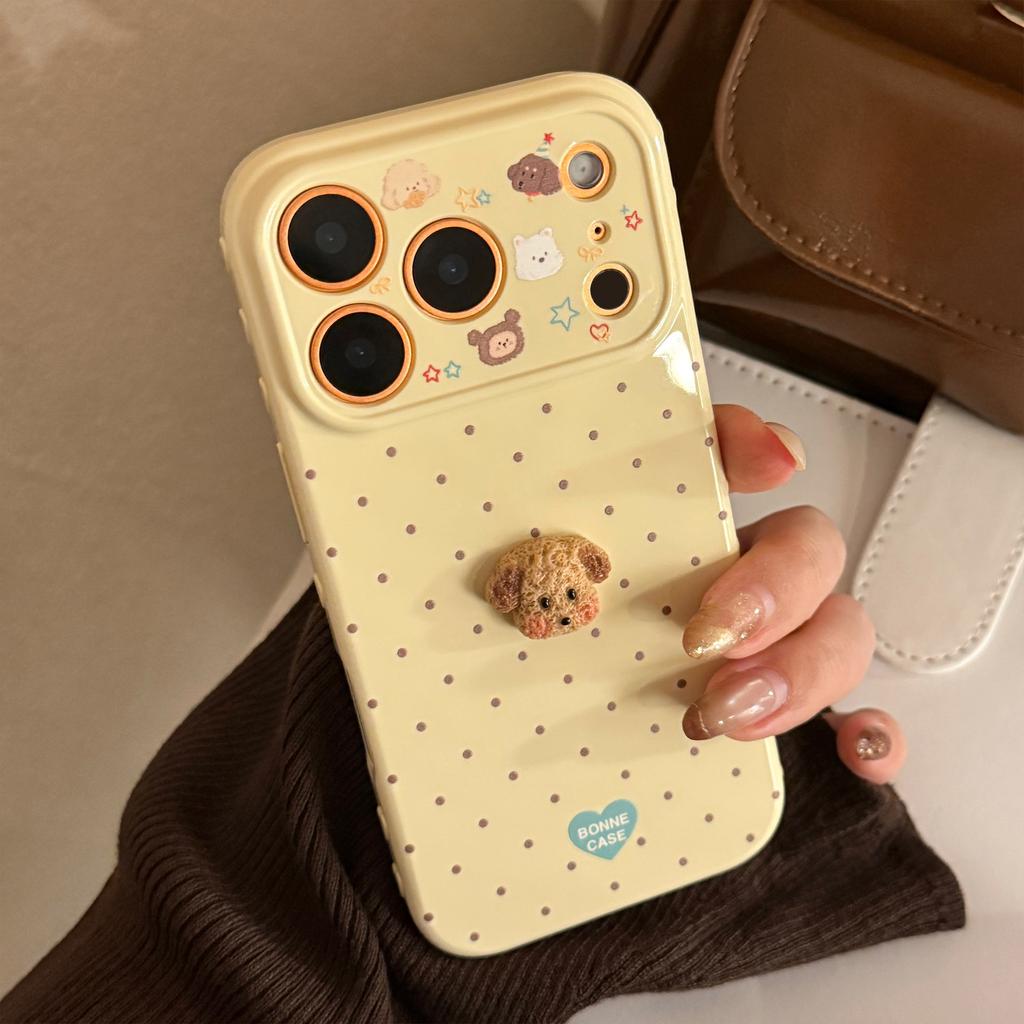 Polka Dots 3D Cartoon Puppy Phone Case For iPhone 17 16 15 14 13 12 Pro Max Candy Colors Shockproof Protective Soft Cover