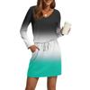 Women's Fashion V-Neck Long Sleeve Drawstring With Pockets Gradient Printed Casual Dresses