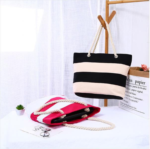 Borsa a Spalla in Corda di Canapa e Tela Super Minimalista Versatile - Ecologica, Design a Strisce da Spiaggia Patchwork