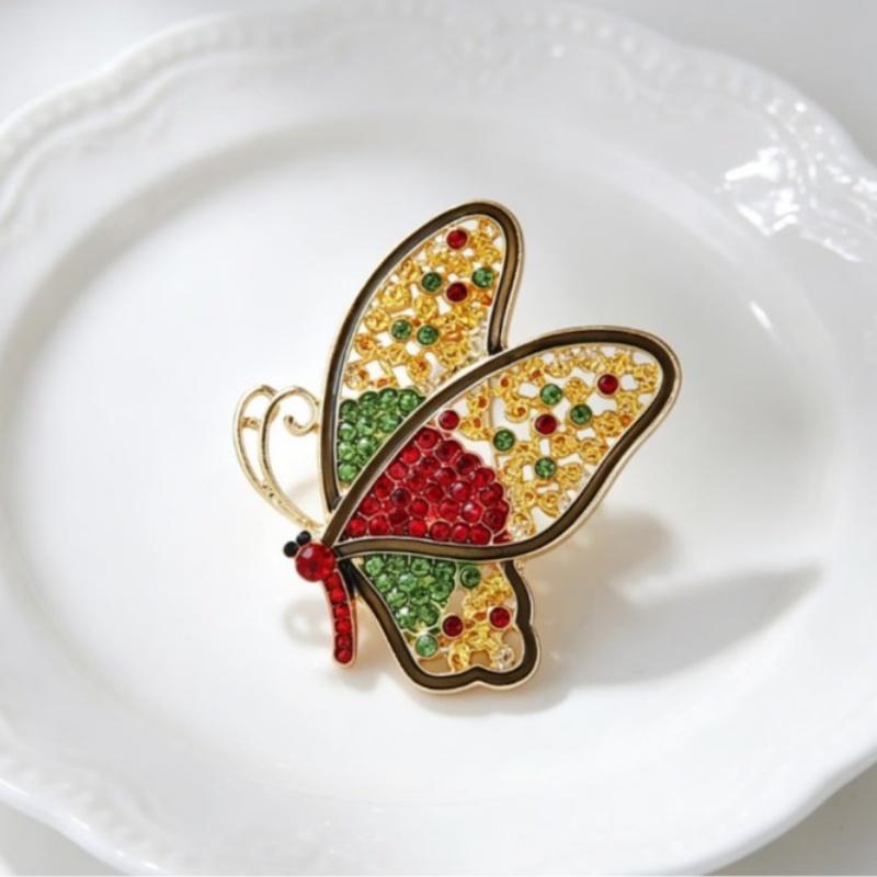 Shiny Rhinestone Butterfly Brooch Gold Plated Frame Red Green Crystals Perfect For Daily Wear Party Outfit